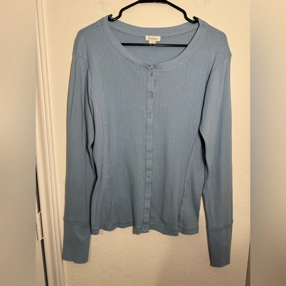 Sundance Pointelle Knit Baby Blue Button Front Cardigan Womens Size Medium